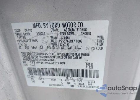 2010 Ford F-150 Xl/Xlt из США, поврежденный, VIN 1FTMF1C86AKE62169